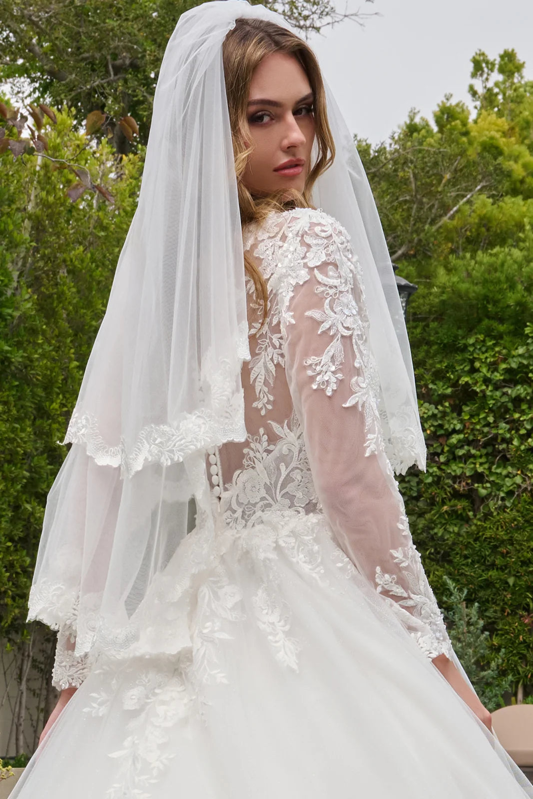 3d Sequin Flowers Long Sleeve Button Back Embroidered Hem Ballgown Wedding Dress With Veil