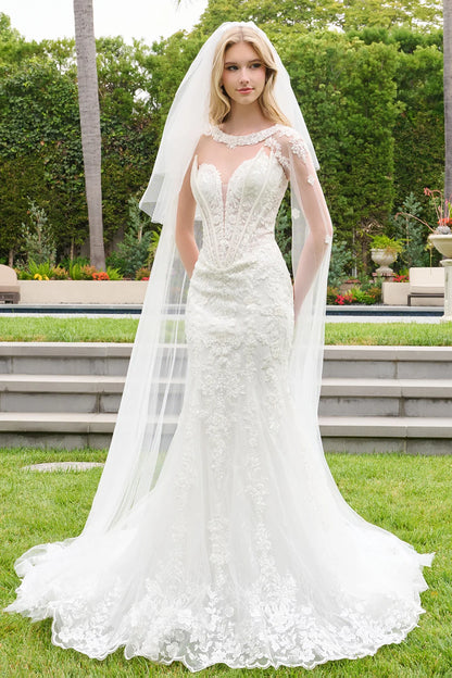 Strapless Two Flap Layered Corset Scallop Hem Wedding Dress With Detached Cape Sleeves And Veil