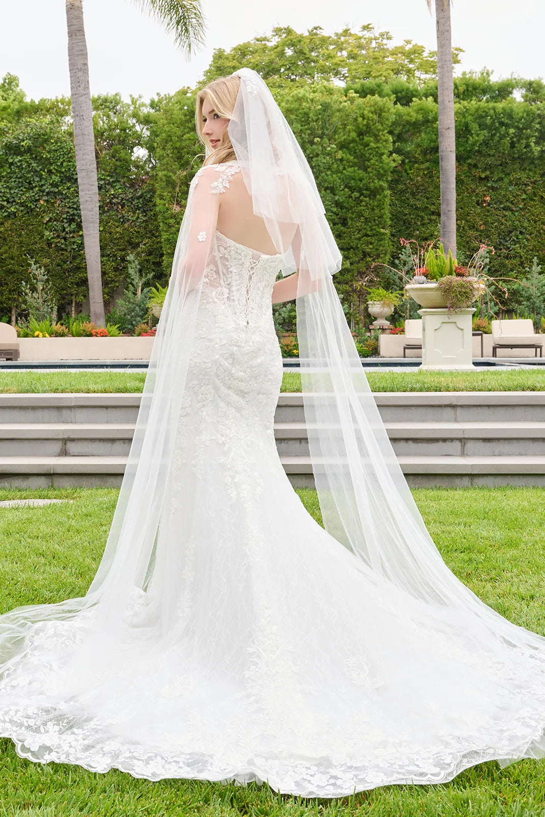 Strapless Two Flap Layered Corset Scallop Hem Wedding Dress With Detached Cape Sleeves And Veil