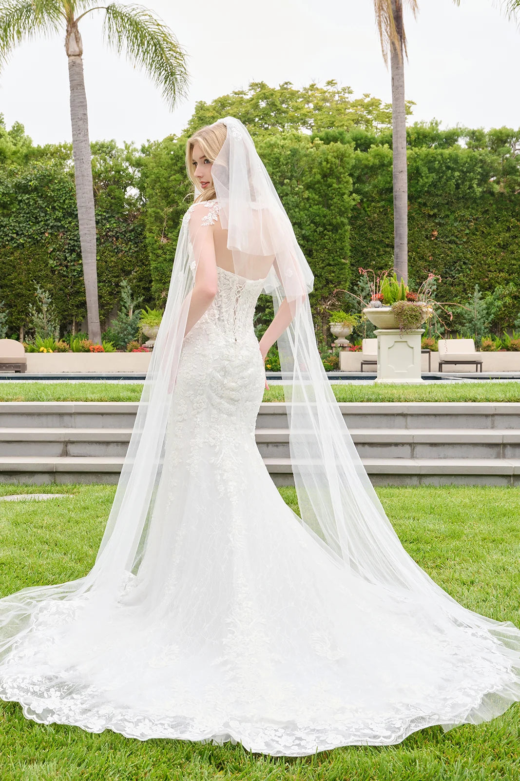 Strapless Two Flap Layered Corset Scallop Hem Wedding Dress With Detached Cape Sleeves And Veil