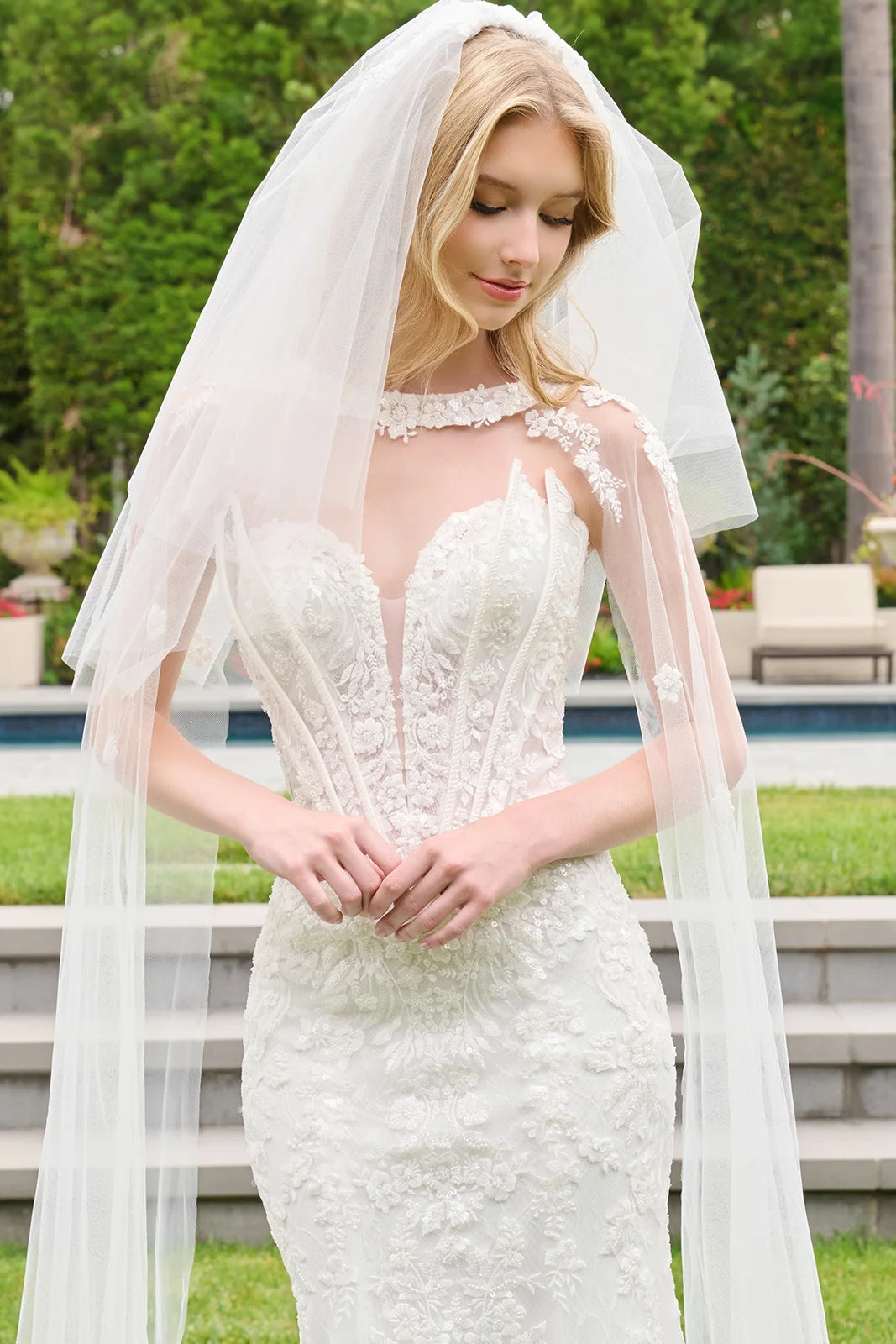 Strapless Two Flap Layered Corset Scallop Hem Wedding Dress With Detached Cape Sleeves And Veil
