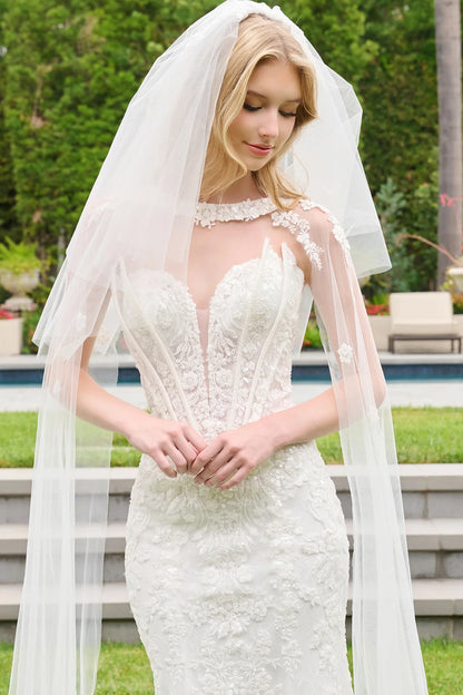 Strapless Two Flap Layered Corset Scallop Hem Wedding Dress With Detached Cape Sleeves And Veil