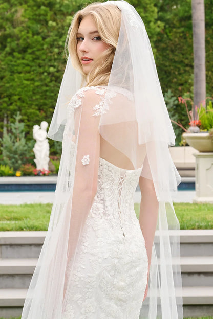 Strapless Two Flap Layered Corset Scallop Hem Wedding Dress With Detached Cape Sleeves And Veil