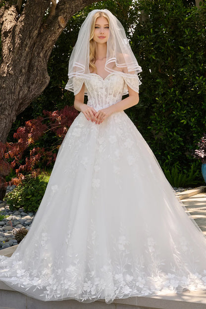 Two Layered Fold Over Off Shoulder V Neckline Glitter Underlayer Ballgown Wedding Dress With Veil