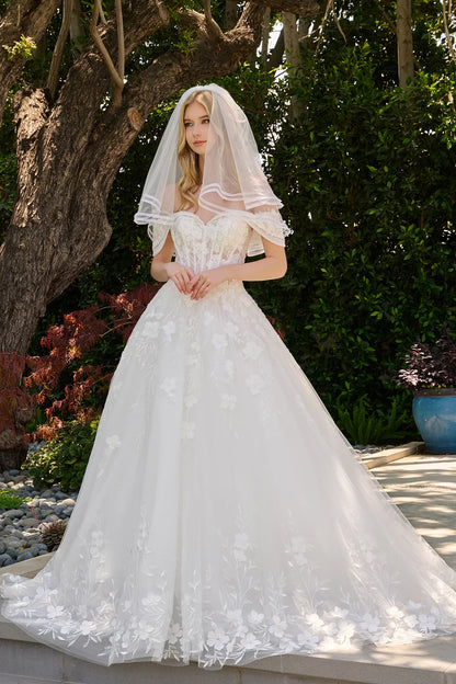 Two Layered Fold Over Off Shoulder V Neckline Glitter Underlayer Ballgown Wedding Dress With Veil