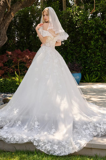 Two Layered Fold Over Off Shoulder V Neckline Glitter Underlayer Ballgown Wedding Dress With Veil