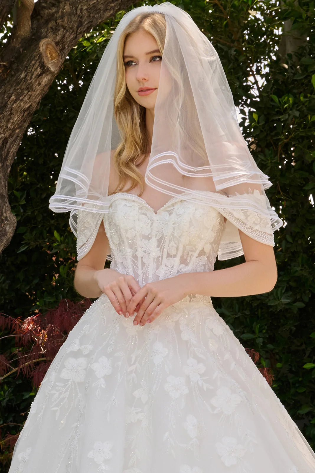 Two Layered Fold Over Off Shoulder V Neckline Glitter Underlayer Ballgown Wedding Dress With Veil