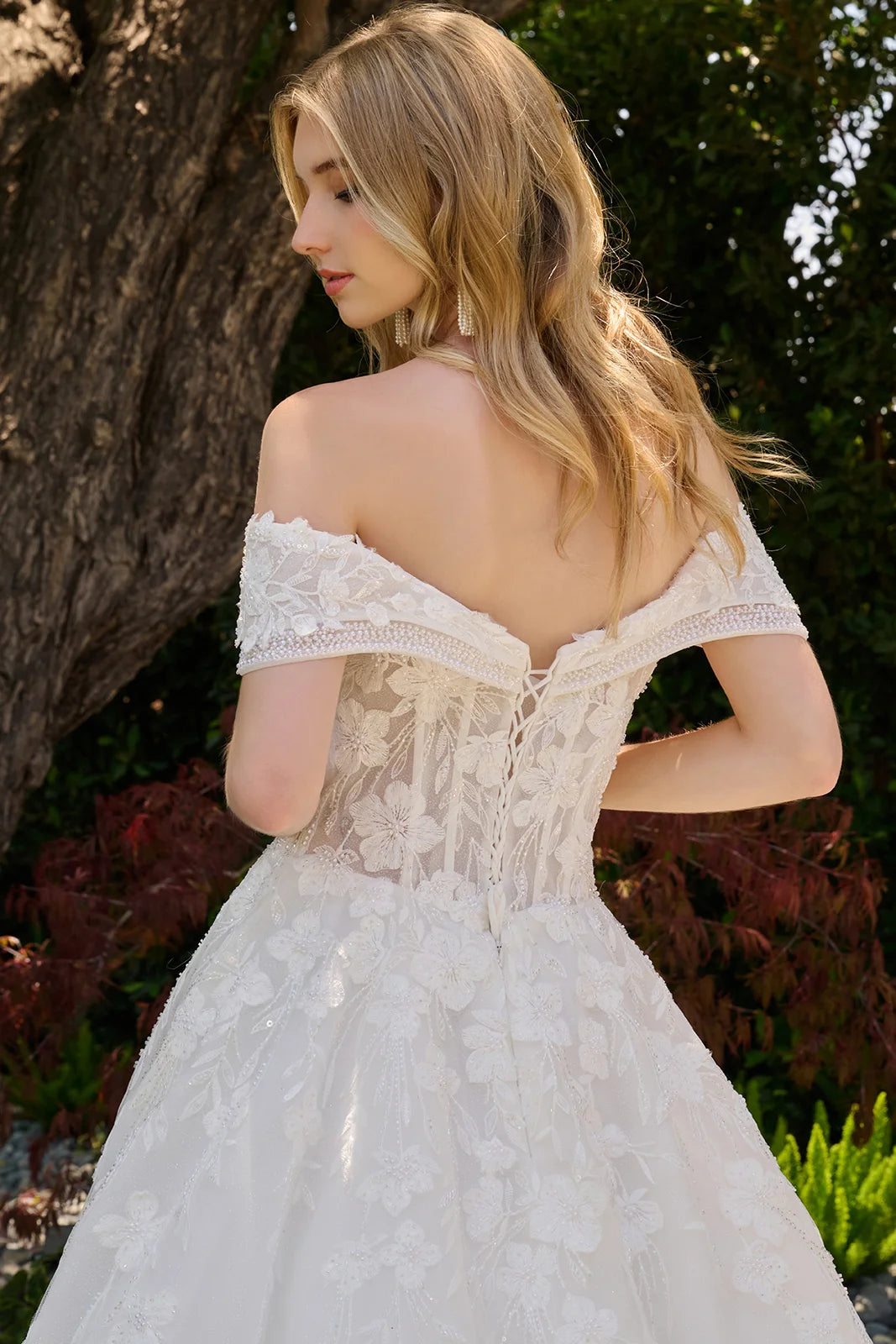 Two Layered Fold Over Off Shoulder V Neckline Glitter Underlayer Ballgown Wedding Dress With Veil