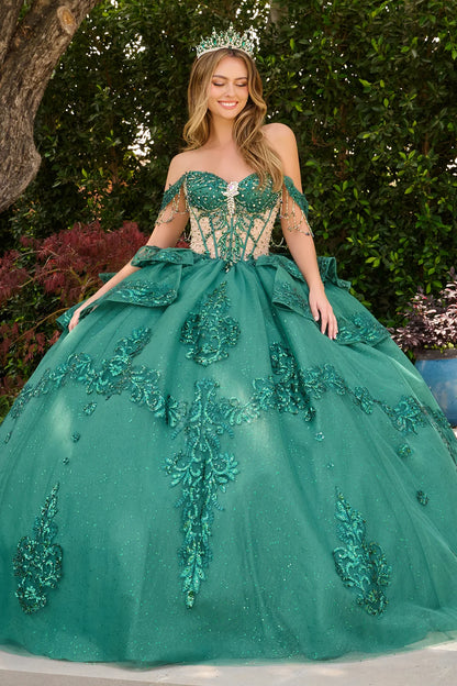 Dangling Beads Detachable Off Shoulder Layered Ballgown With Detachable Bow And Bejeweled Grommets