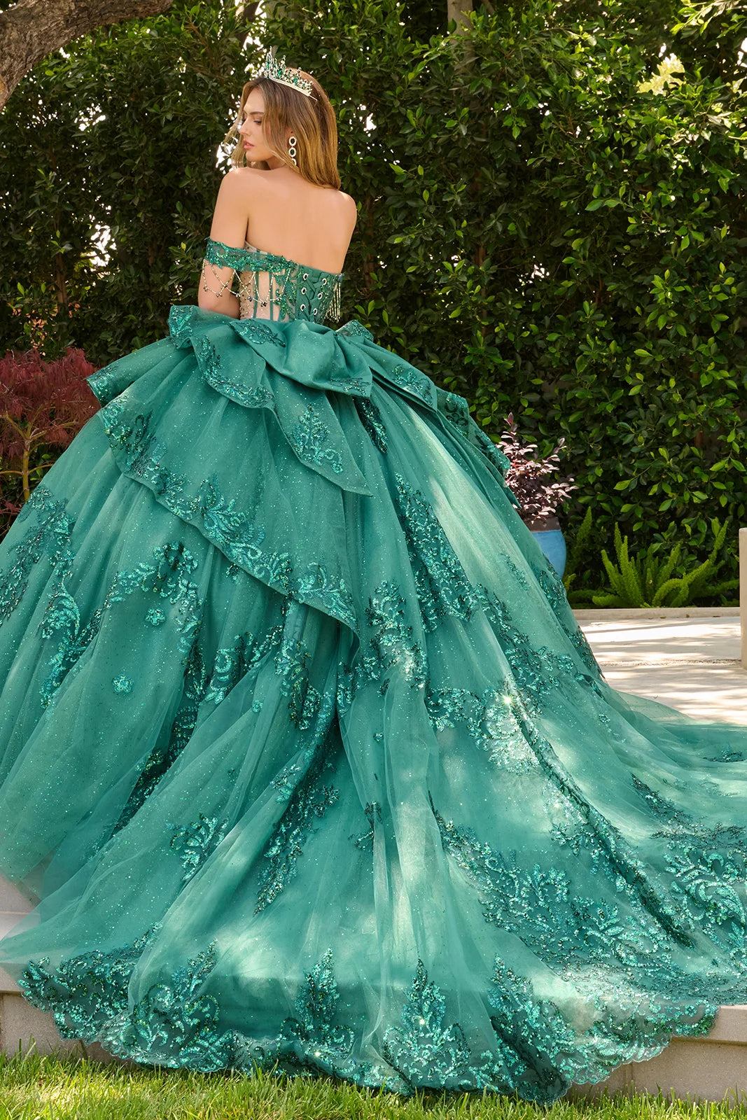 Dangling Beads Detachable Off Shoulder Layered Ballgown With Detachable Bow And Bejeweled Grommets
