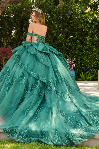 Dangling Beads Detachable Off Shoulder Layered Ballgown With Detachable Bow And Bejeweled Grommets