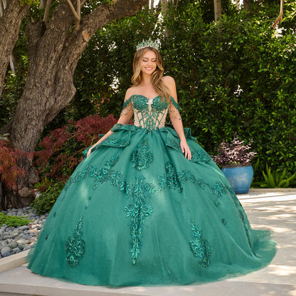 Dangling Beads Detachable Off Shoulder Layered Ballgown With Detachable Bow And Bejeweled Grommets