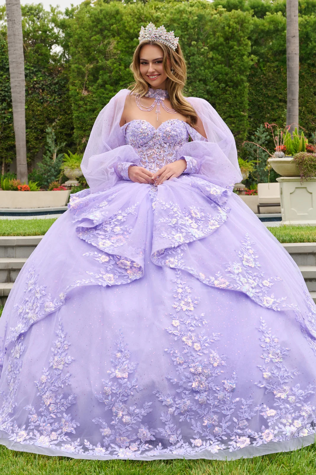 Off Shoulder Ruffled Overskirt Detachable Bow Ballgown With Matching Dangling Bead Bolero