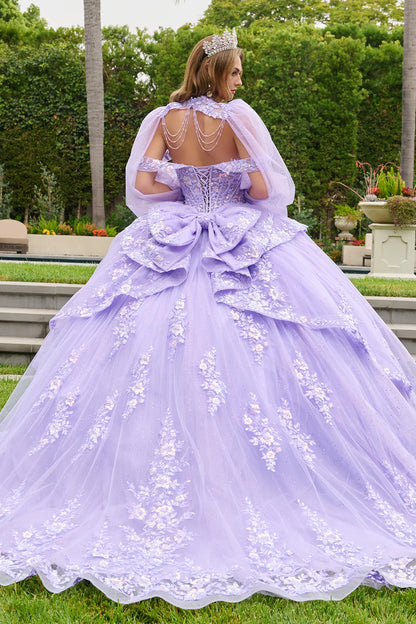 Off Shoulder Ruffled Overskirt Detachable Bow Ballgown With Matching Dangling Bead Bolero