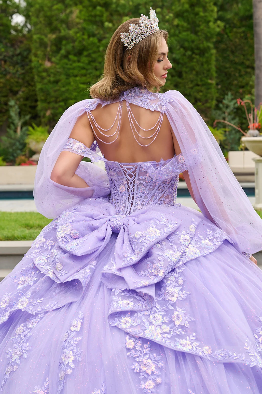 Off Shoulder Ruffled Overskirt Detachable Bow Ballgown With Matching Dangling Bead Bolero
