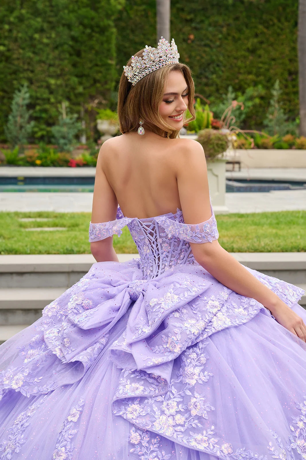 Off Shoulder Ruffled Overskirt Detachable Bow Ballgown With Matching Dangling Bead Bolero