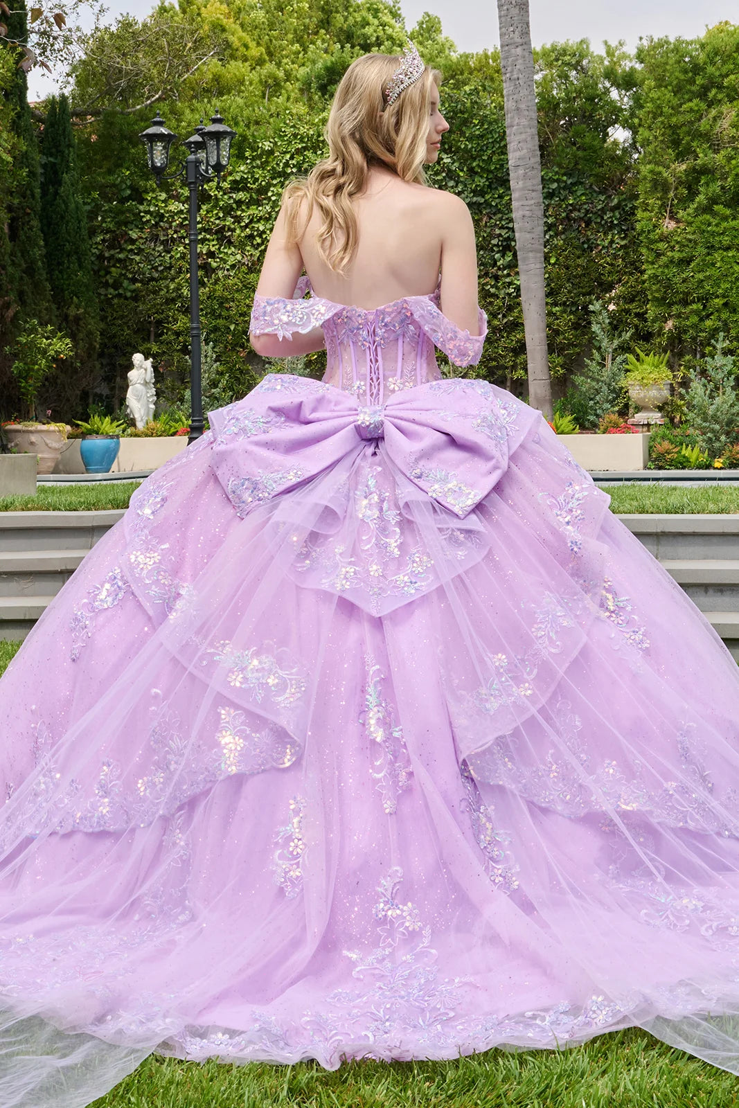 Detachable Off Shoulder Straps Layered Open Corset High Low Overskirt Ballgown With Detachable Bow