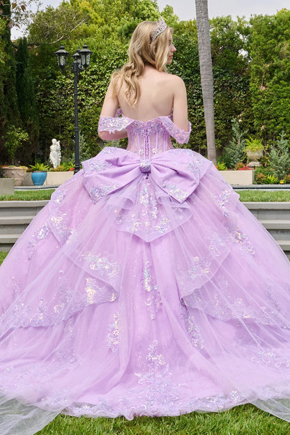 Detachable Off Shoulder Straps Layered Open Corset High Low Overskirt Ballgown With Detachable Bow