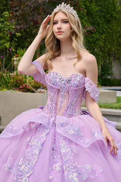 Detachable Off Shoulder Straps Layered Open Corset High Low Overskirt Ballgown With Detachable Bow