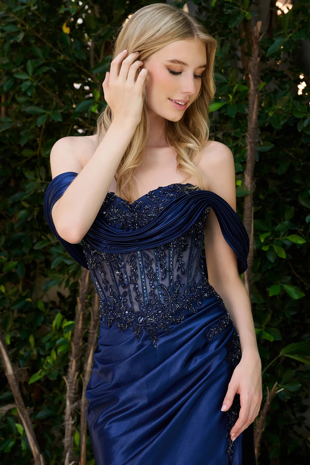 Sweetheart Neckline Structured Off Shoulder Straps Pleated Detail Fitted Floor Length Gown With Slit