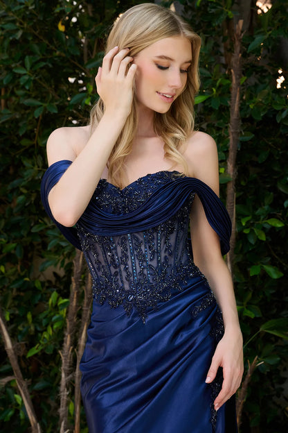 Sweetheart Neckline Structured Off Shoulder Straps Pleated Detail Fitted Floor Length Gown With Slit