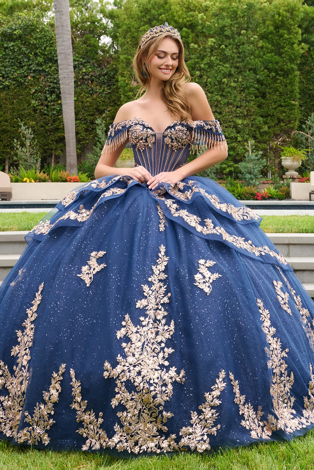 Layered Fold Over Dangling Bead Off Shoulder Layered Overskirt With Bow And Bejeweled Grommets
