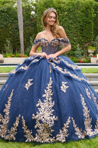 Layered Fold Over Dangling Bead Off Shoulder Layered Overskirt With Bow And Bejeweled Grommets