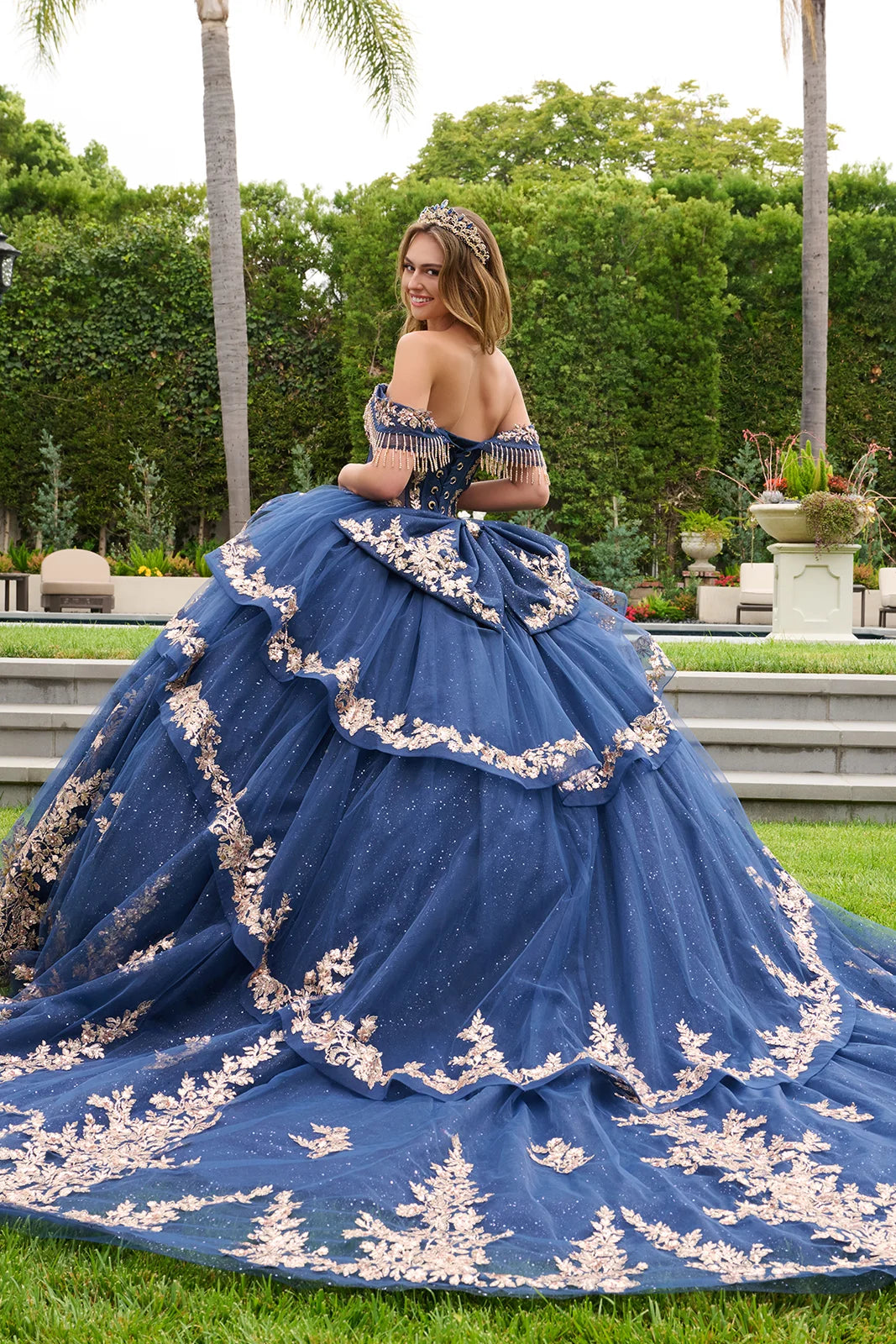 Layered Fold Over Dangling Bead Off Shoulder Layered Overskirt With Bow And Bejeweled Grommets
