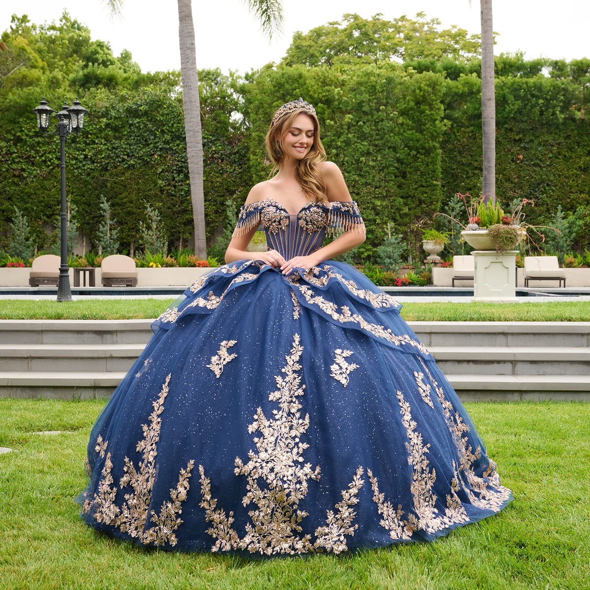 Layered Fold Over Dangling Bead Off Shoulder Layered Overskirt With Bow And Bejeweled Grommets