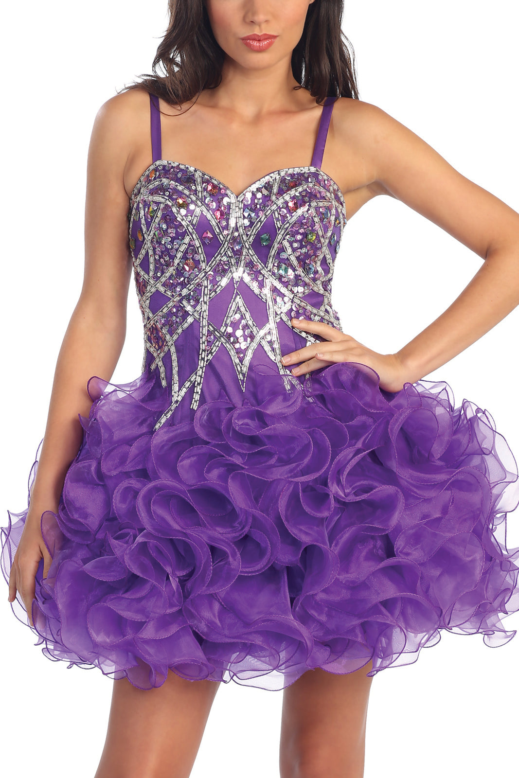 Organza Short Dress with Corset Style Bodice and Ruffle Skirt