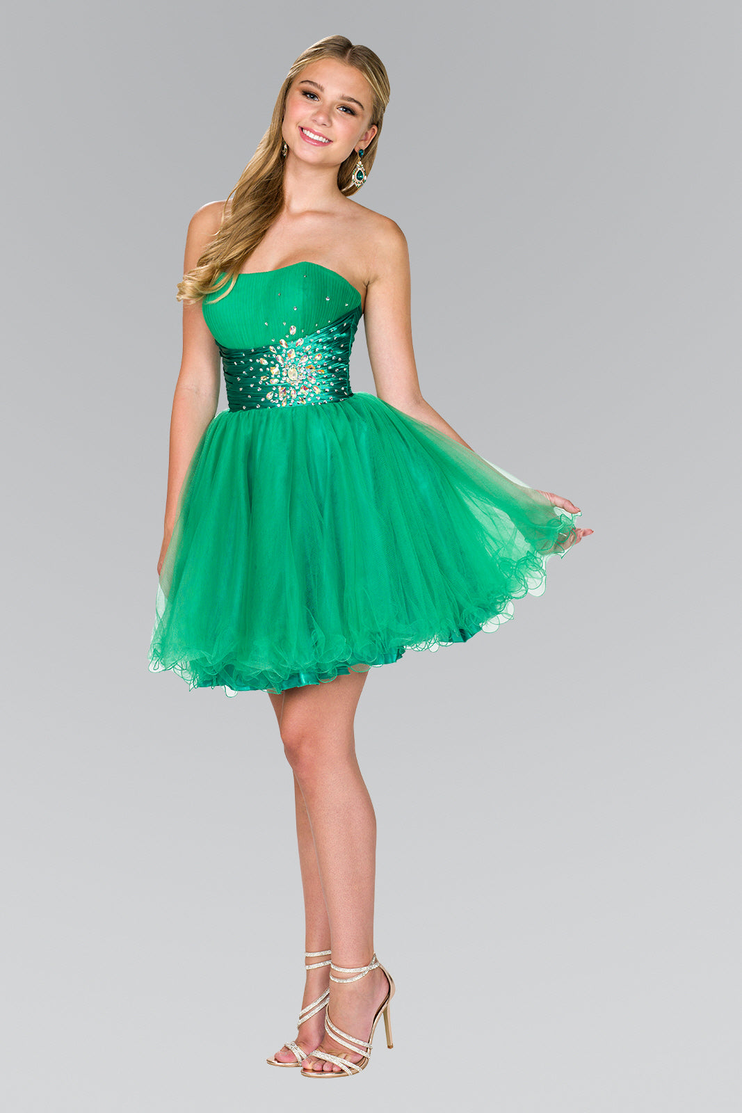 Strapless Sweetheart Tulle Short Dress with Pleated Bodice and Jewel Detailing