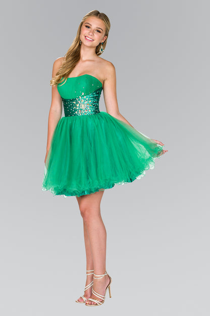 Strapless Sweetheart Tulle Short Dress with Pleated Bodice and Jewel Detailing