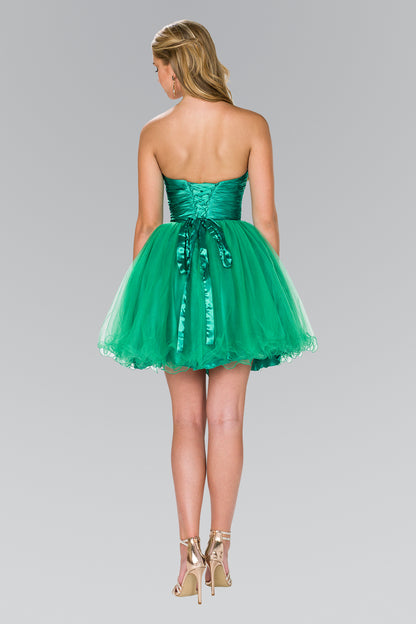 Strapless Sweetheart Tulle Short Dress with Pleated Bodice and Jewel Detailing