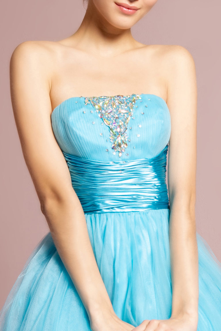 Strapless Sweetheart Tulle Short Dress Accented with Satin Belt and Jewel