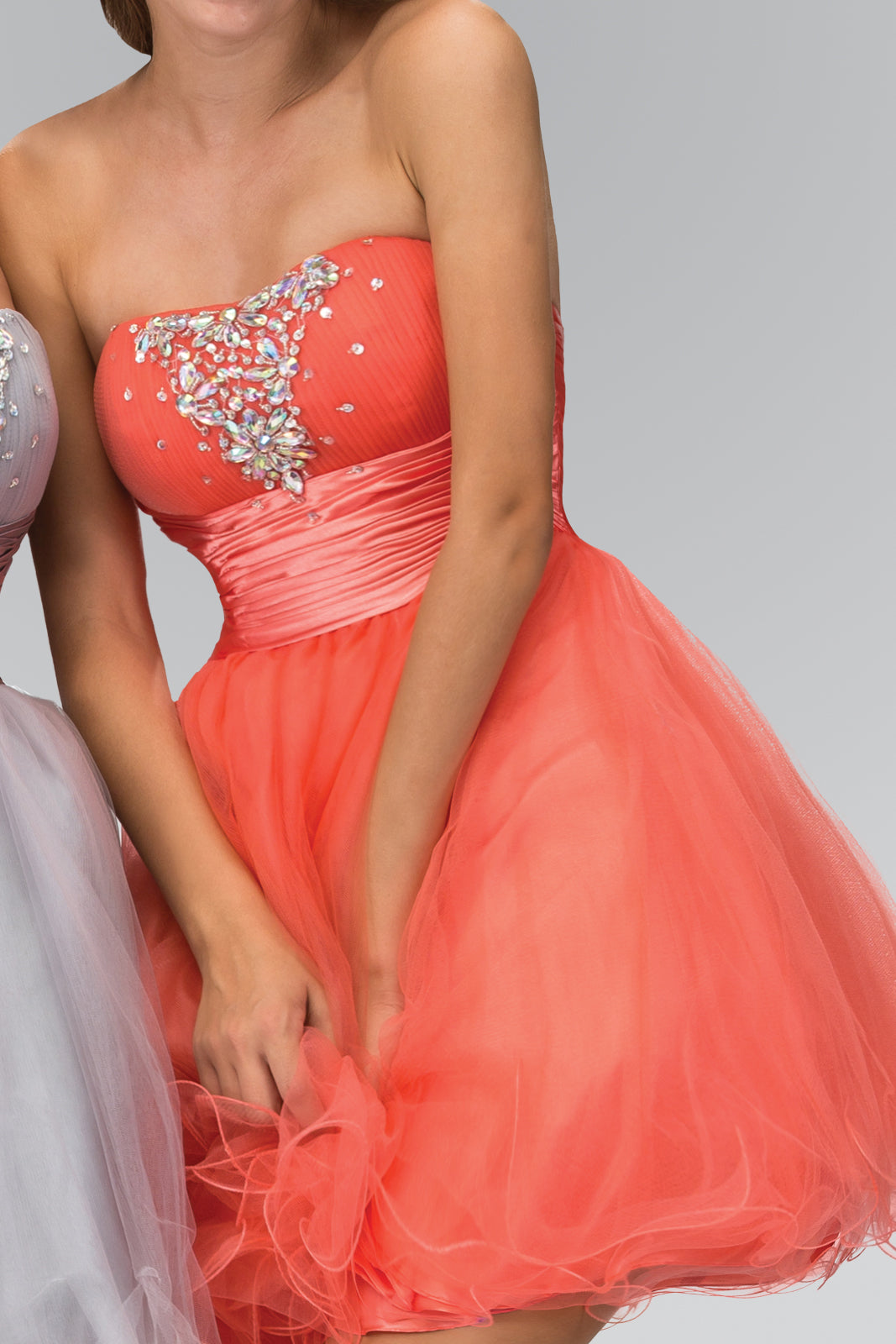 Strapless Sweetheart Tulle Short Dress Accented with Satin Belt and Jewel