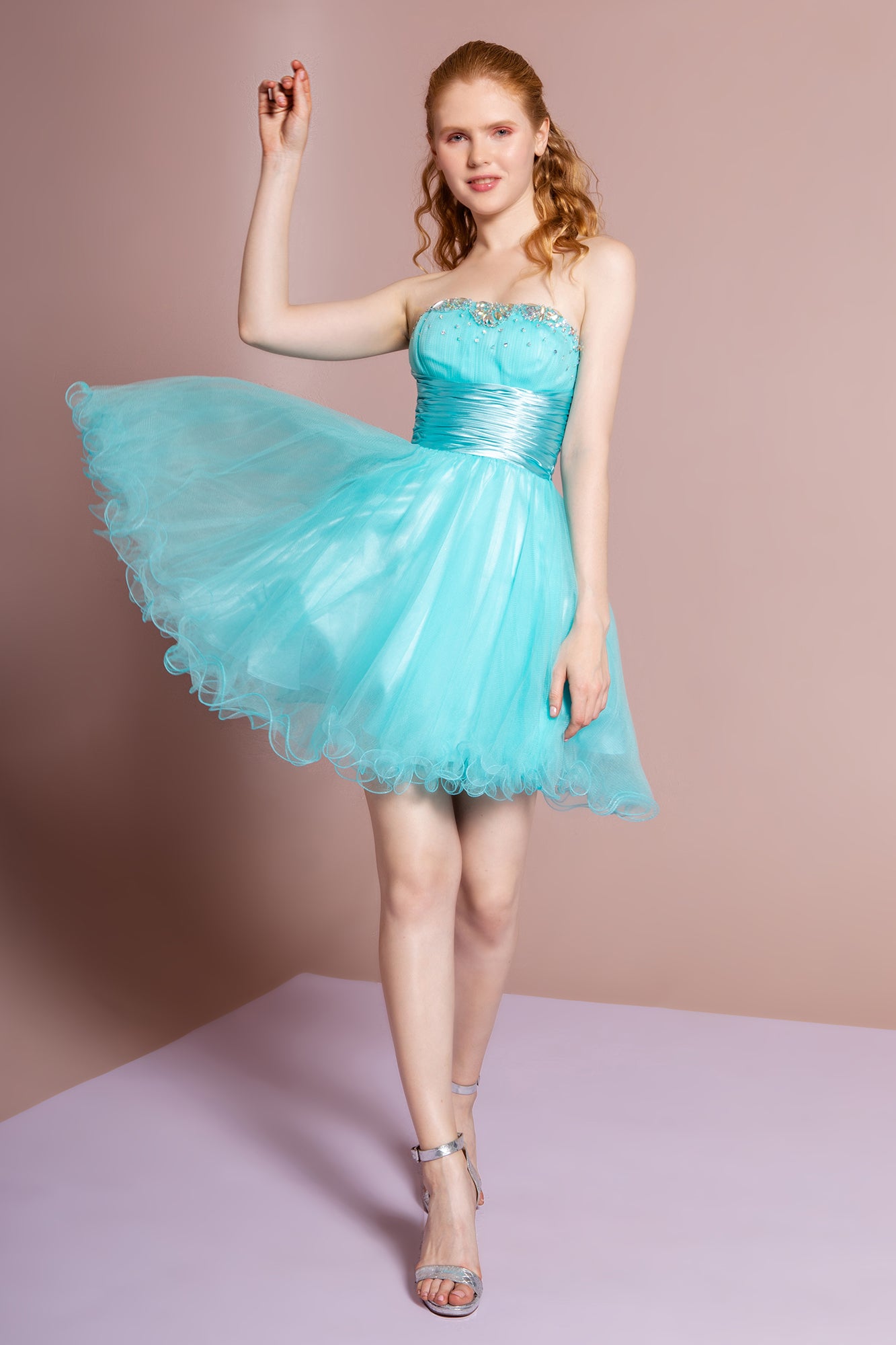 Sleeveless Sweetheart Beaded Tulle Short Dress with Pleated Satin Waistband