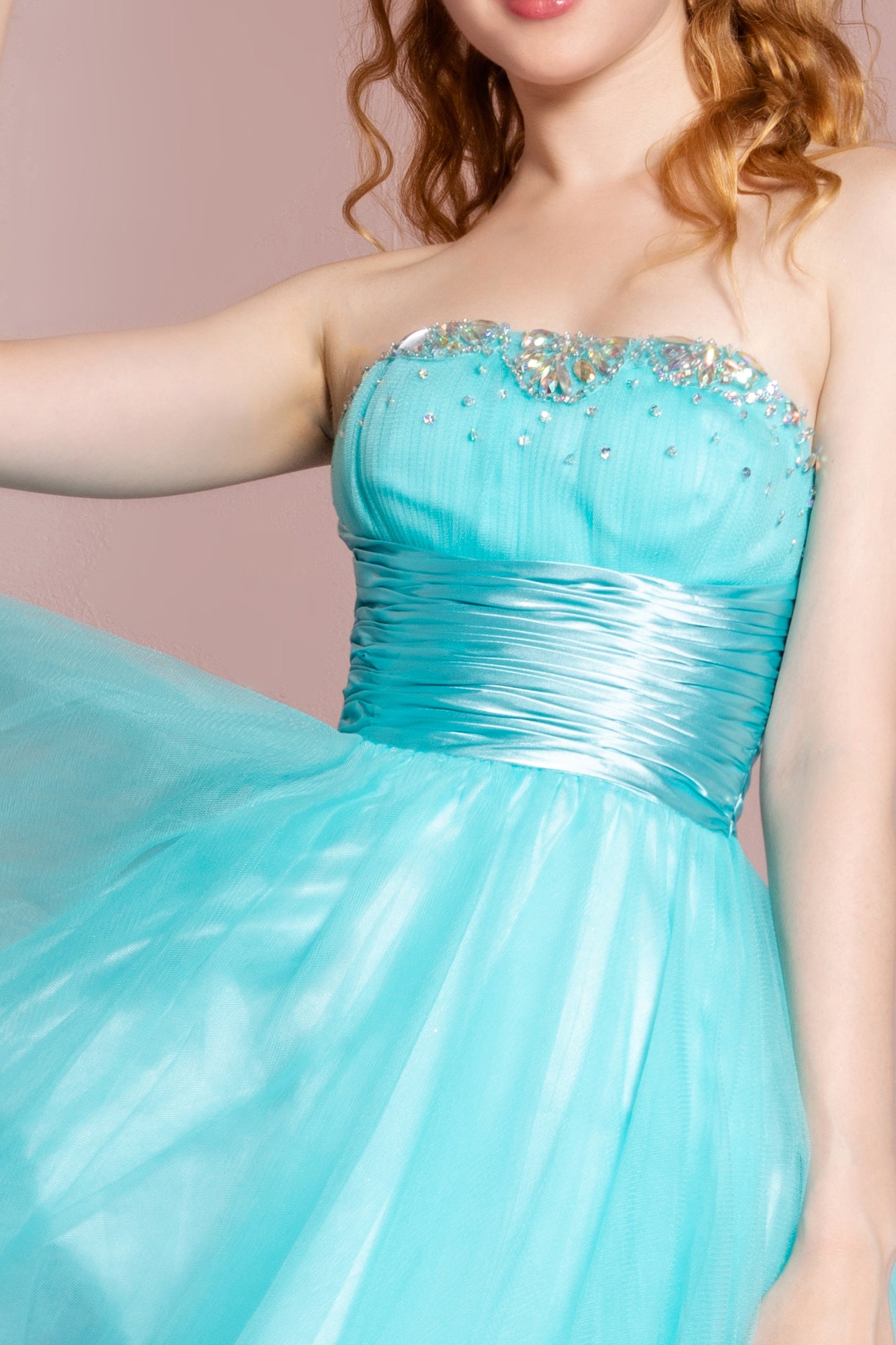 Sleeveless Sweetheart Beaded Tulle Short Dress with Pleated Satin Waistband