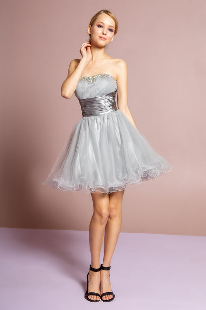 Sleeveless Sweetheart Beaded Tulle Short Dress with Pleated Satin Waistband