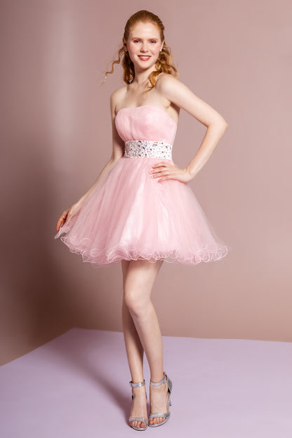 Strapless Sweetheart Tulle Short Dress Accented with Jewel Embellished Waistline