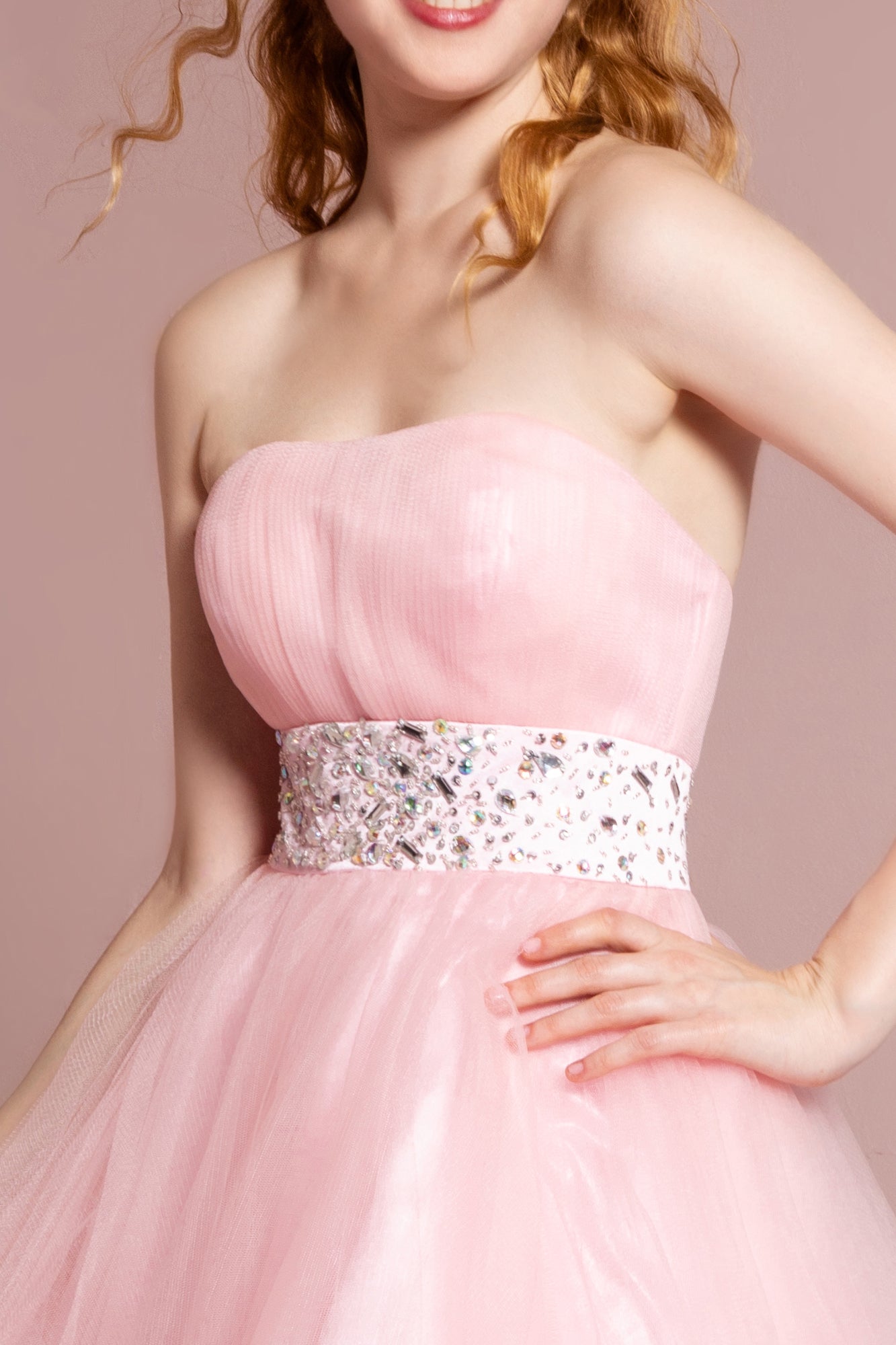 Strapless Sweetheart Tulle Short Dress Accented with Jewel Embellished Waistline