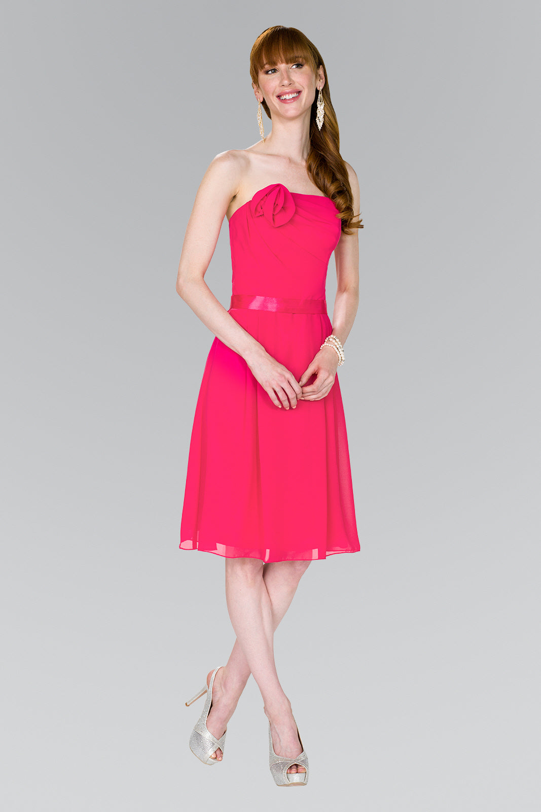 Strapless Chiffon Short Dress with Floral Accent and Satin Waistband