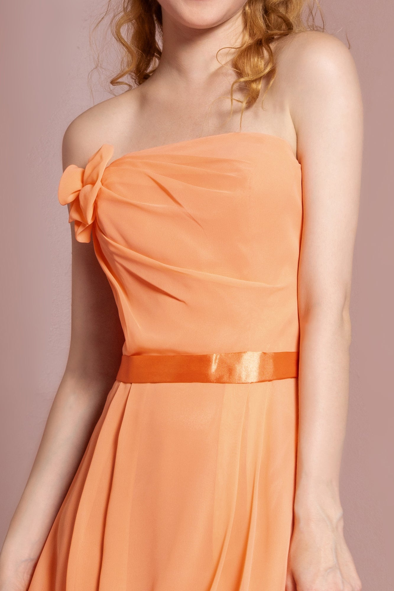 Strapless Chiffon Short Dress with Floral Accent and Satin Waistband