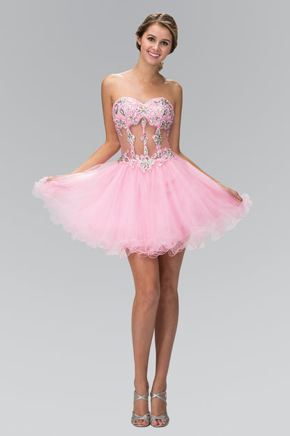 Strapless Sweetheart Bead and Sequin Embellished Tulle Short Dress with Sheer Waistline