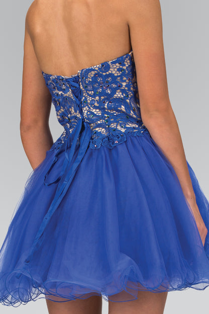 Strapless Sweetheart Tulle Short Dress with Lace Bodice