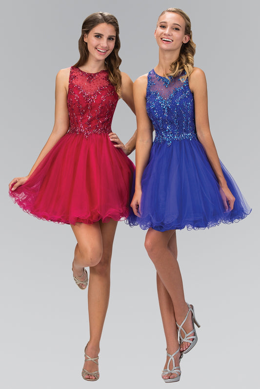 Jewel Embellished Tulle Short Dress with Sheer Illusion Neckline