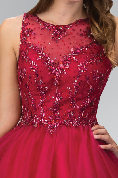 Jewel Embellished Tulle Short Dress with Sheer Illusion Neckline