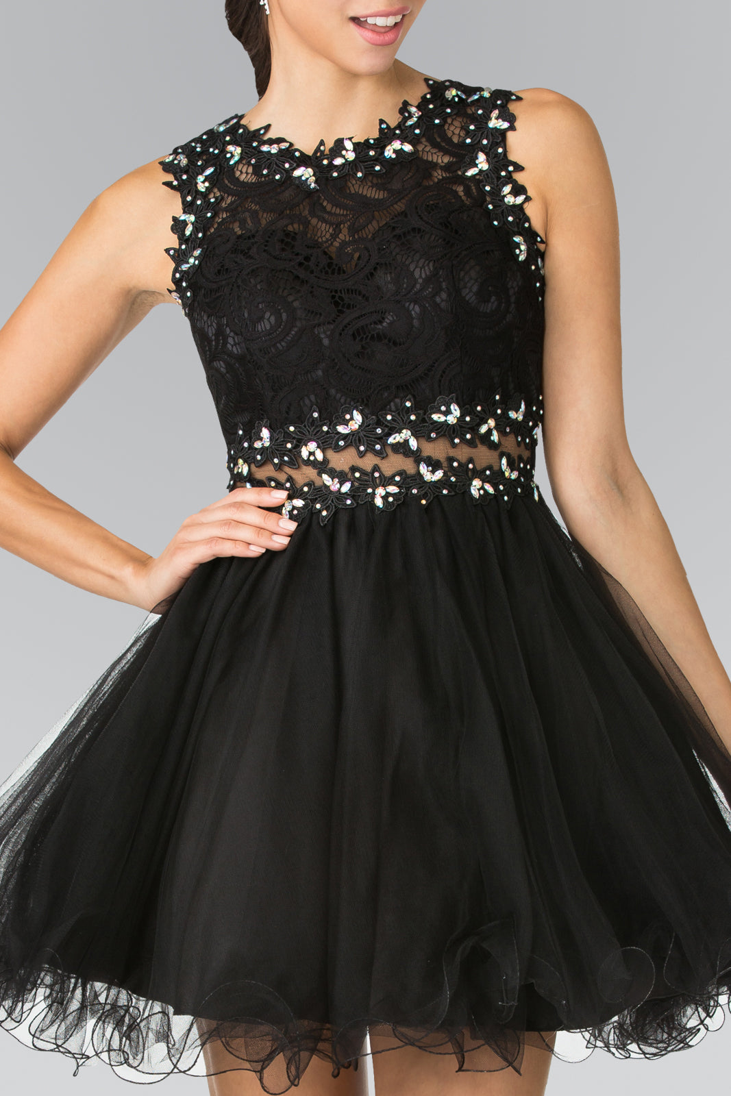 Sleeveless Short Dress with Lace Bodice and Sheer Waistline