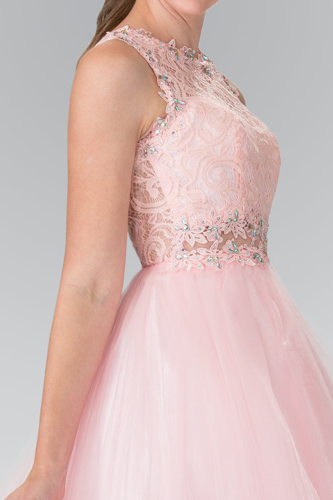 Sleeveless Short Dress with Lace Bodice and Sheer Waistline