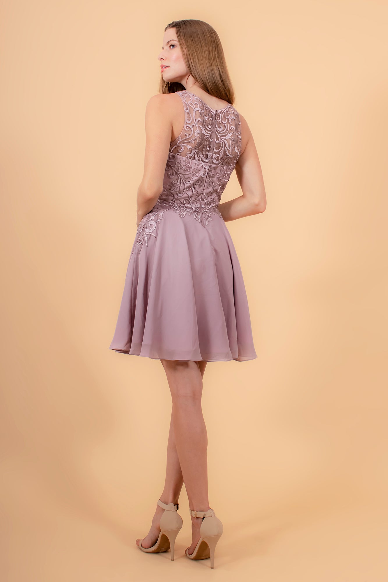 Embroidered Bodice Chiffon Short Dress - Mauve / XS Embroidered Bodice Chiffon Short Dress - Mauve / XS