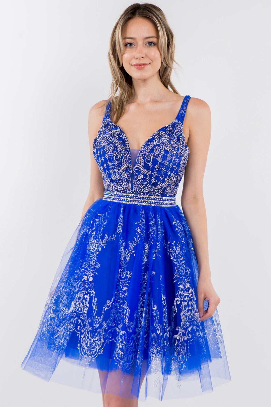 Jewel Accented Waistline Glitter Mesh V-Neck Short Dress